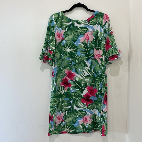 Pappagallo Womens Tropical Floral Shift Dress S Green Pink Ruffle Sleeve Vacay - Picture 6 of 12